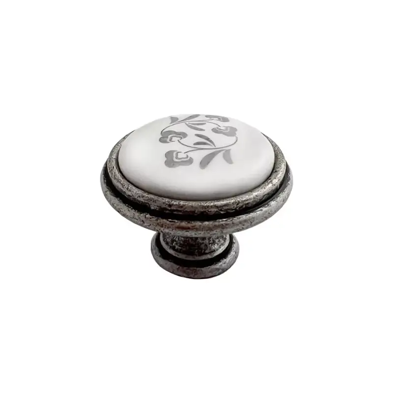 Bútorfogantyú Margarita gomb 35mm Antik Ezüst/Porcelán Fehér Virág Árengedmény