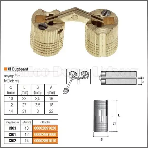 Bútorpánt dugópánt CI01 Átm.: 12x27mm Sárga réz Outlet