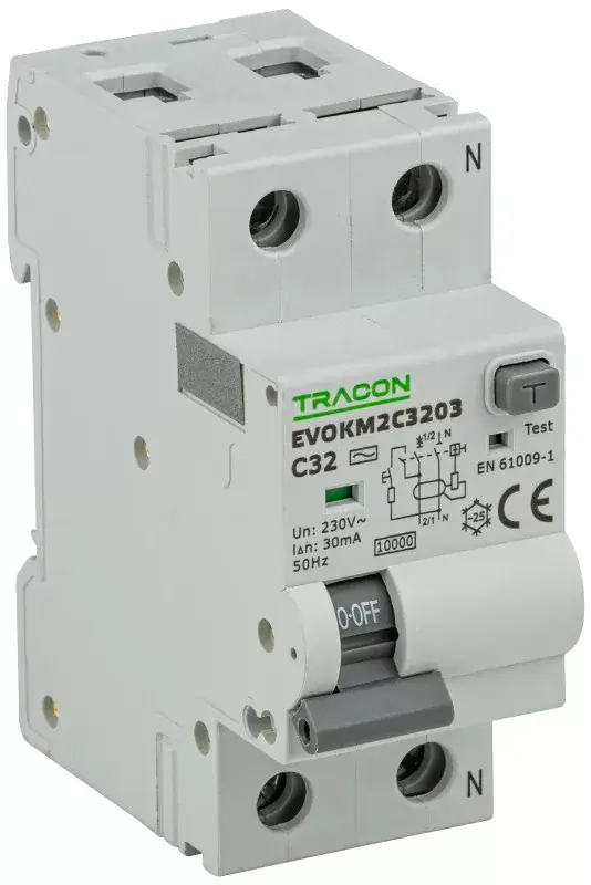 Tracon EVOKM2C6303 Áramvédős kismegszakító (Kombi Fi-relé) 1P+N, C karakterisztika, 63A, 30mA, 6kA, AC osztály, 2 modul Gyors kiszállítás