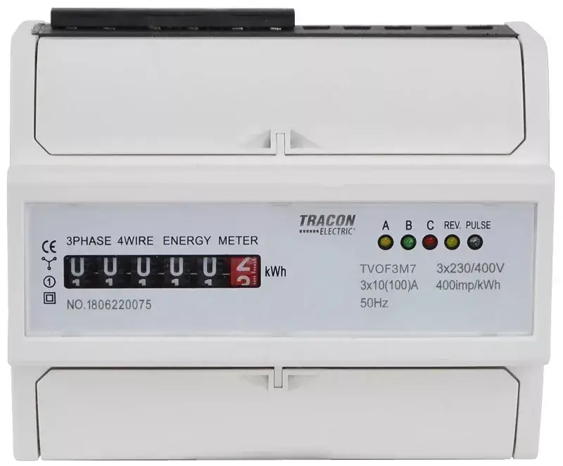 Tracon TVOF3M7 elektromechanikus fogyasztásmérő 3 fázis 10(100)A, 7 modul Biztonságos fizetés