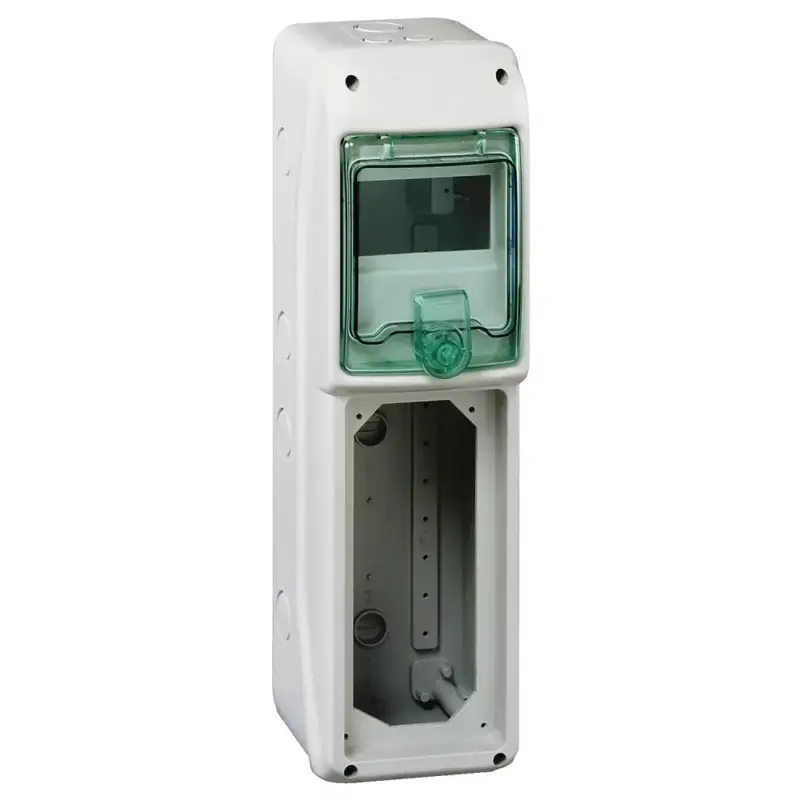 Árengedmény Schneider 13185 Kaedra vízálló kiselosztók 5 modul, 1 sor, 1 db 103x225 mm-es níylással, átlátszó zöld ajtóval, IP65, falon kívüli