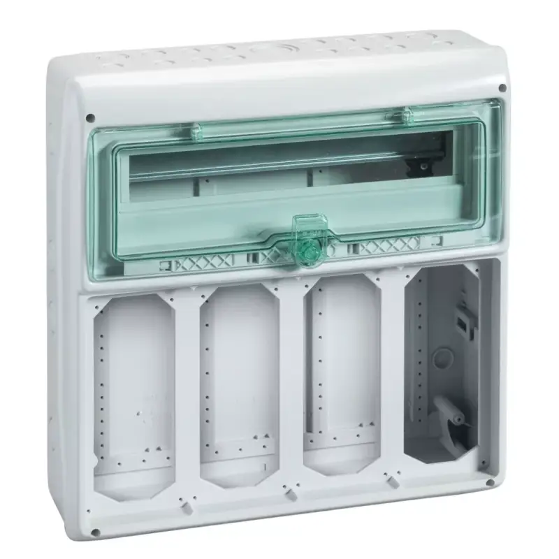 Bestseller Schneider 13188 Kaedra vízálló kiselosztók 19 modul, 1 sor, 4 db 103x225 mm-es níylással, átlátszó zöld ajtóval, IP65, falon kívüli