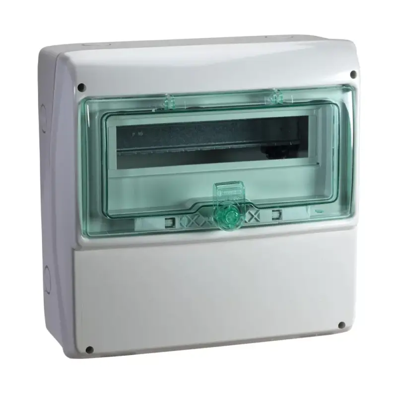 Népszerű Schneider 13191 Kaedra vízálló kiselosztók 13 modul, 1 sor, átlátszó zöld ajtóval, sima kifúrandó felülettel, IP65, falon kívüli