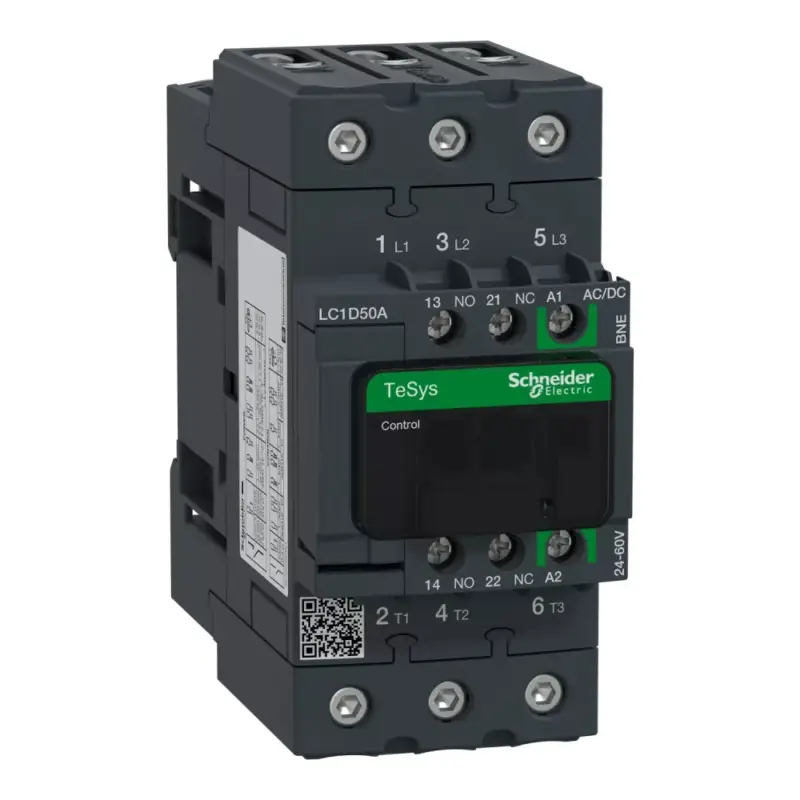 Schneider LC1D50ABNE, Tesys D Green mágneskapcsoló, 22kW/50A (400V, AC3), 24..60V AC/DC vezerlés, 1Z+1Ny, csavaros csatlakozás Szezonális akció