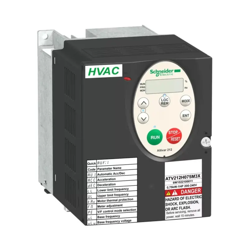 Olcsóbb Schneider ATV212H075N4 frekvenciaváltó 0,75 kW, 3 fázis, 380..480V AC, C2 osztályú EMC szűrővel, IP21 (Altivar 212 épületes alkalmazásokra)