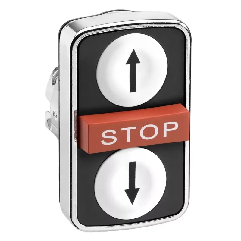 Schneider ZB4BA71114 Harmony fém kettősfejű nyomógomb fej, Ø22, visszatérő, 1-1 fehér fel/le nyíl nyomógomb, piros kiemelkedő STOP gomb Legkelendőbb
