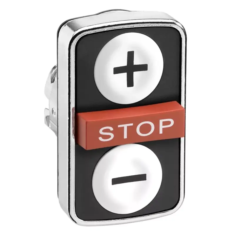 Schneider ZB4BA71115 Harmony fém kettősfejű nyomógomb fej, Ø22, visszatérő, 1-1 fehér +/- nyomógomb, piros kiemelkedő STOP gomb Azonnali szállítás