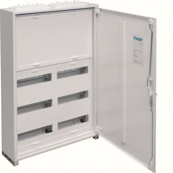 Biztonságos fizetés Hager Univers FWB52N Fém mezős elosztó 300 mm-es felső sorkapocstakarással, 72 modul, 3 sor, 800x550x161mm, teli ajtóval, IP44, falon kívüli
