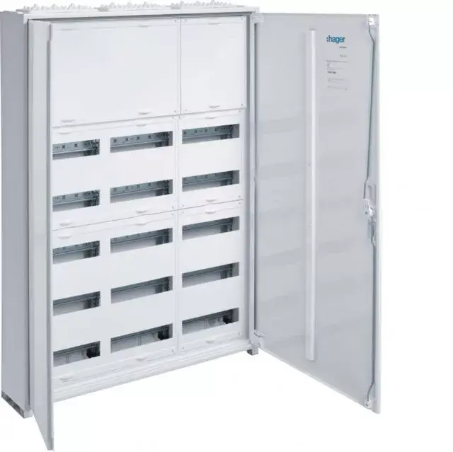 Hager Univers FWB73N Fém mezős elosztó 300 mm-es felső sorkapocstakarással, 180 modul, 5 sor, 1100x800x161mm, teli ajtóval, IP44, falon kívüli Árcsökkenés