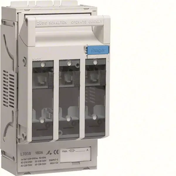 Prémium Hager LT056 Késes NH00 szakaszoló-kapcsoló, 3x160 A, 60 mm síntáv, 95mm2 szorító cs, direkt szorítós csatlakozás