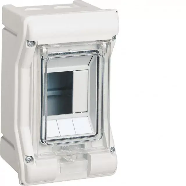 Hager Vector VE103PN UV-álló védett elosztó 3 modul, 1 sor átlátszó ajtóval, IP65, PE és N sín nélkül, falon kívüli, kikönnyített kábelbevezetővel, 175x110x93mm Korlátozott ajánlat