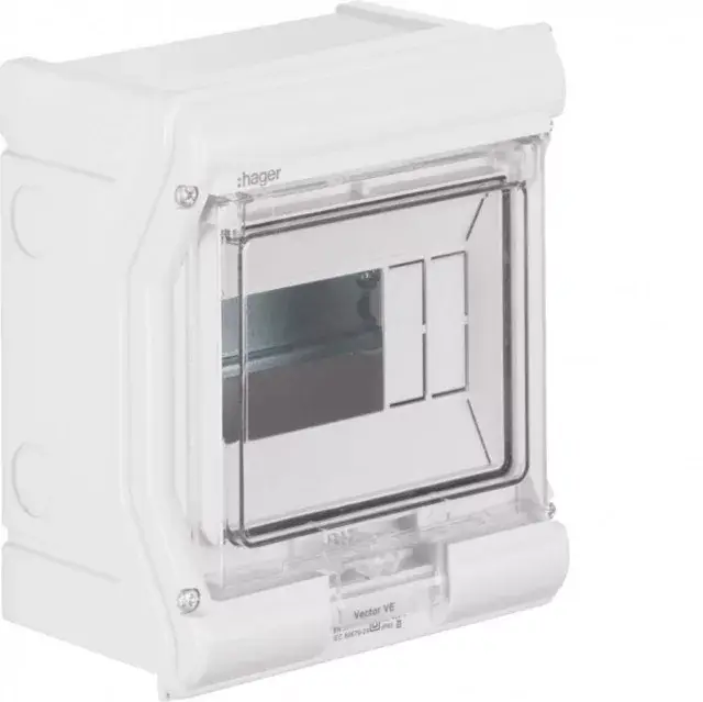 Kedvezményes ár Hager Vector VE106SN UV-álló védett elosztó 6 modul, 1 sor átlátszó ajtóval, IP65, PE és N sín nélkül, falon kívüli, kikönnyített kábelbevezető nélkül, 190x164x113mm