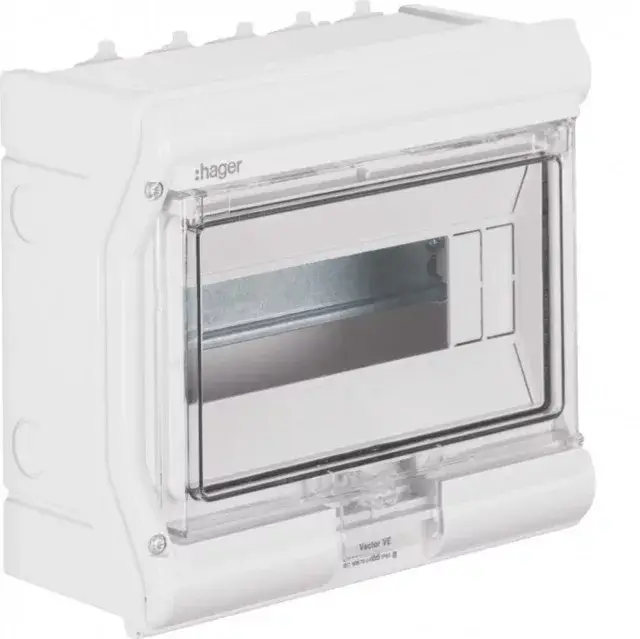 Hager Vector VE110SN UV-álló védett elosztó 10 modul, 1 sor átlátszó ajtóval, IP65, PE és N sín nélkül, falon kívüli, kikönnyített kábelbevezető nélkül, 210x236x114mm Árengedmény