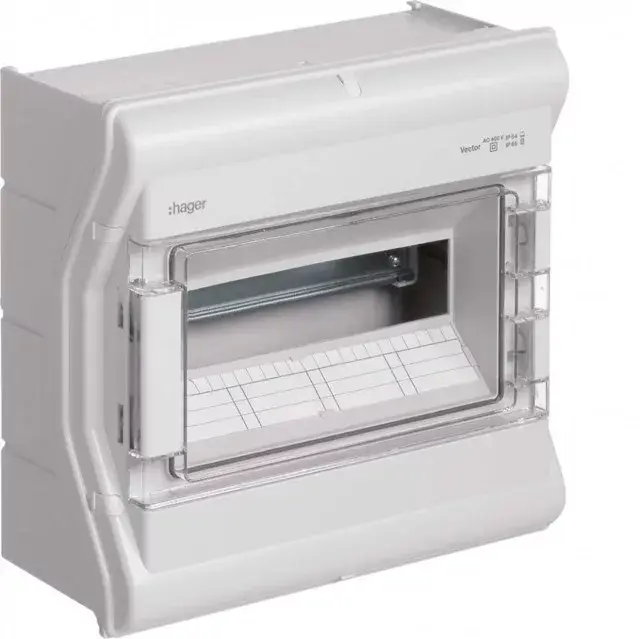 Hager Vector VE112SN UV-álló védett elosztó 12 modul, 1 sor átlátszó ajtóval, IP65, PE és N sín nélkül, falon kívüli, kikönnyített kábelbevezető nélkül, 302x310x151mm Prémium