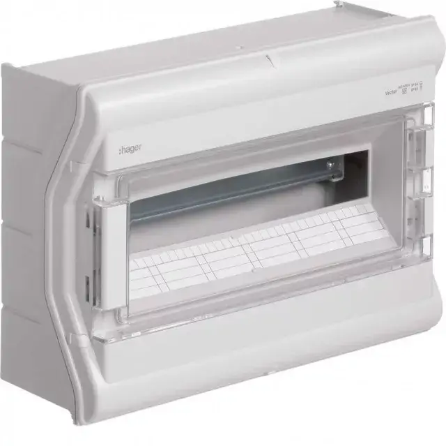 Hager Vector VE118SN UV-álló védett elosztó 18 modul, 1 sor átlátszó ajtóval, IP65, PE és N sín nélkül, falon kívüli, kikönnyített kábelbevezető nélkül, 302x418x151mm Vedd meg most
