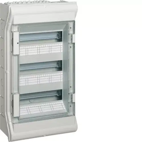 Hager Vector VE312L védett elosztó 36 modul, 3 sor átlátszó ajtóval, IP65, PE és N sínnel, falon kívüli, kikönnyített kábelbevezetővel, 552x310x151mm Kedvezményes ár