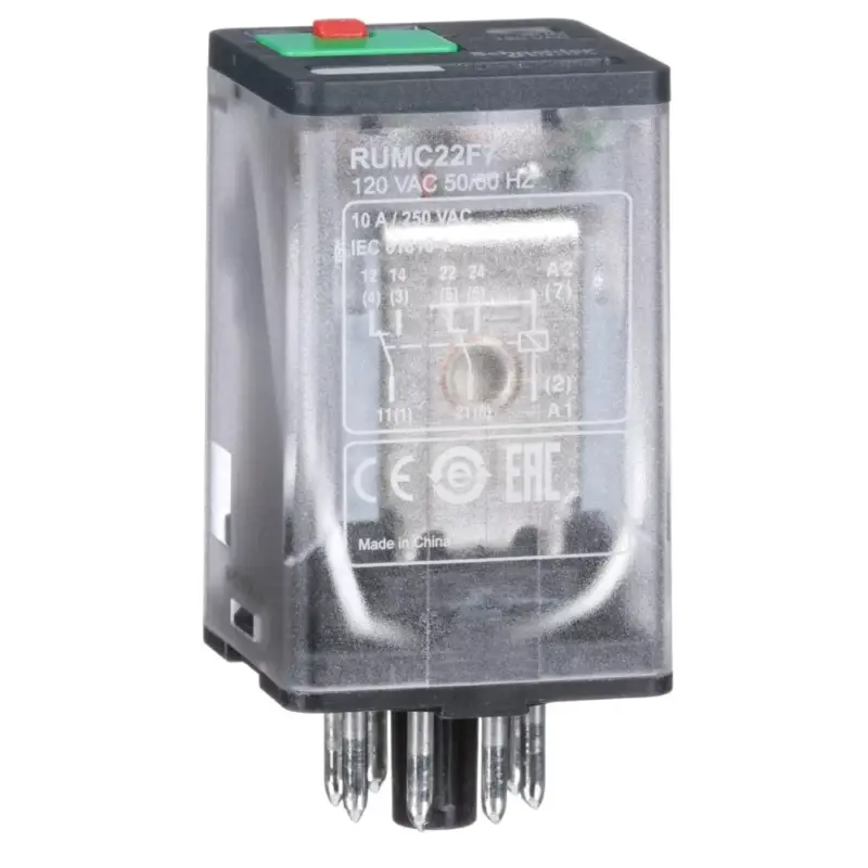 Árengedmény Schneider RUMC22F7 Zelio RUM univerzális relé, hengeres, 2CO, 10A, 120VAC, tesztgomb, LED