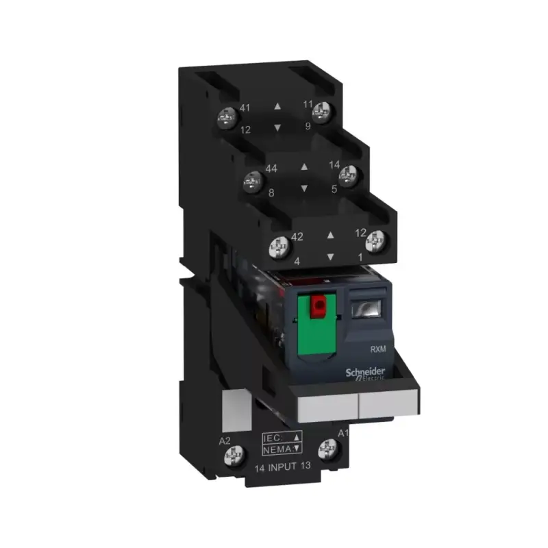 Végkiárusítás Schneider RXM2AB2B7PVS Zelio RXM miniatűr relé foglalattal, 2CO, 12A, 24VAC, tesztgomb, LED, elválasztott érintkezőkiosztás