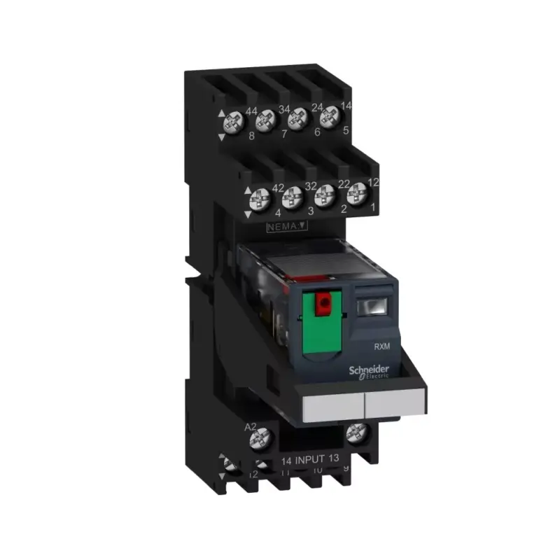 Vedd meg online Schneider RXM4AB2B7PVM Zelio RXM miniatűr relé, 4CO, 6A, 24VAC, tesztgomb, LED, vegyes érintkezőkiosztás