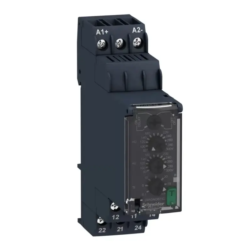 Schneider RM22UB34 Zelio Control feszültségfigyelő relé, be- és kikapcsolás késleltetővel, 2CO, 8A, 110…240VAC/DC, mérési tart.:80…300V Kedvezmény