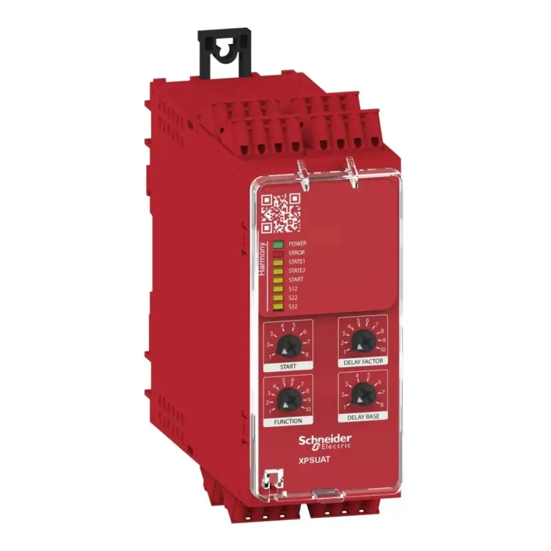 Gyors szállítás Schneider XPSUAT13A3AC Preventa biztonsági relé modul, XPSUAK+ 1 késleltetett kimenet, Cat.4, biztonsági be/ki: 2/3CO, PNP, 24VAC/DC, rugós