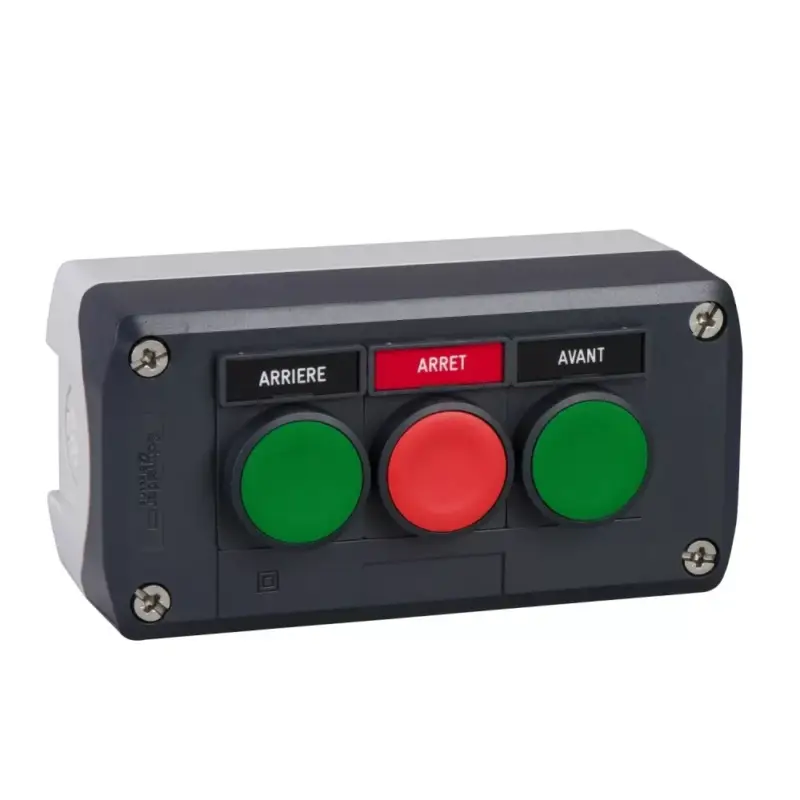 Legkelendőbb Schneider XALD311 Harmony XALD tokozott nyomógomb, 2 zöld - 1 piros nyomógomb, 1NO+1NC, "Avant" "Arrét" "Arriére" felirati címkék