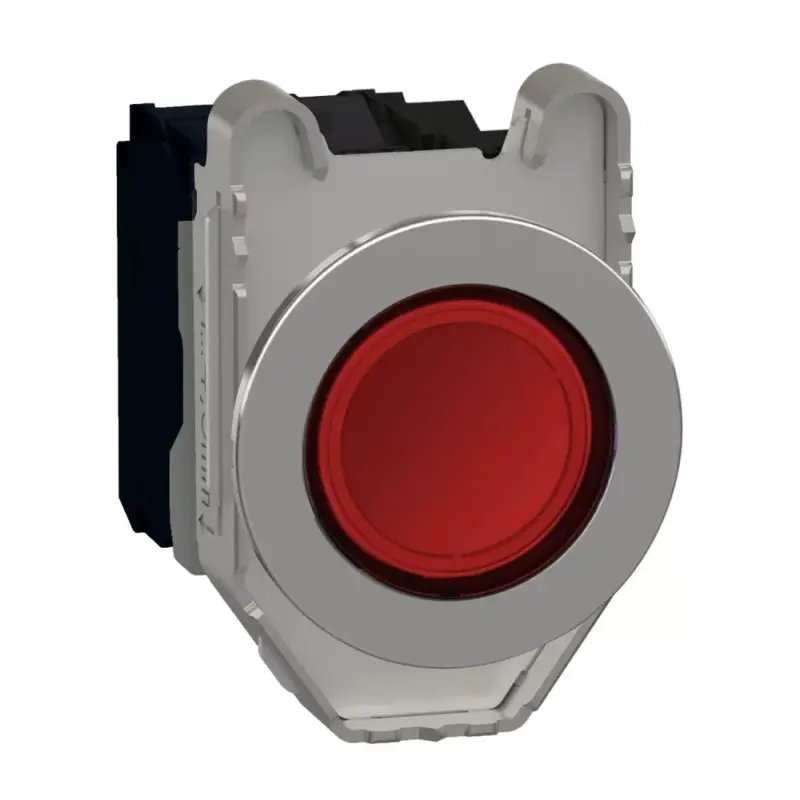 Újdonság Schneider XB4FW34B5 Harmony panelbe süllyesztett komplett fém LED világító nyomógomb, Ø30, 1NO, 24V, piros