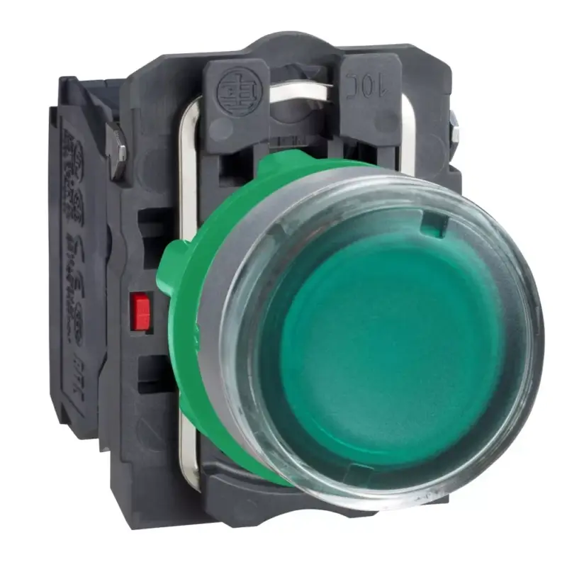 Prémium Schneider XB5AW33M5C0 Harmony komplett műanyag LED világító nyomógomb, Ø22, visszatérő, 1NO+1NC, 230VAC, zöld, szürke körgyűrű