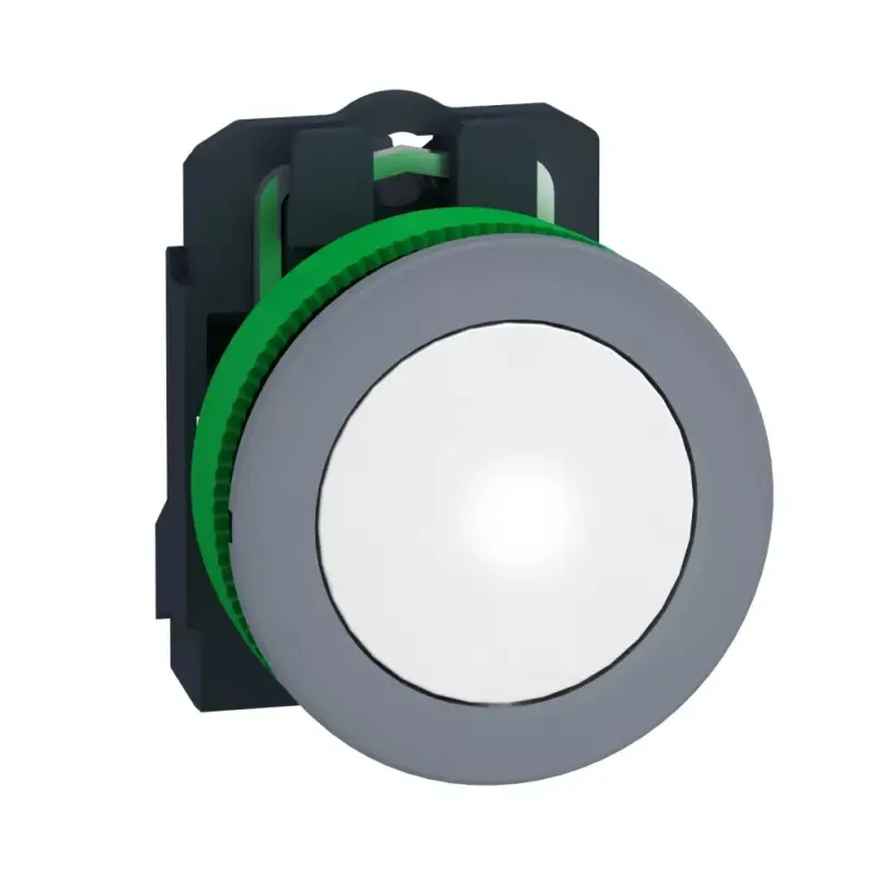 Újdonság Schneider XB5FVB1C0 Harmony panelbe süllyesztett komplett műanyag LED jelzőlámpa, Ø30, 24VAC/DC, fehér, szürke körgyűrű