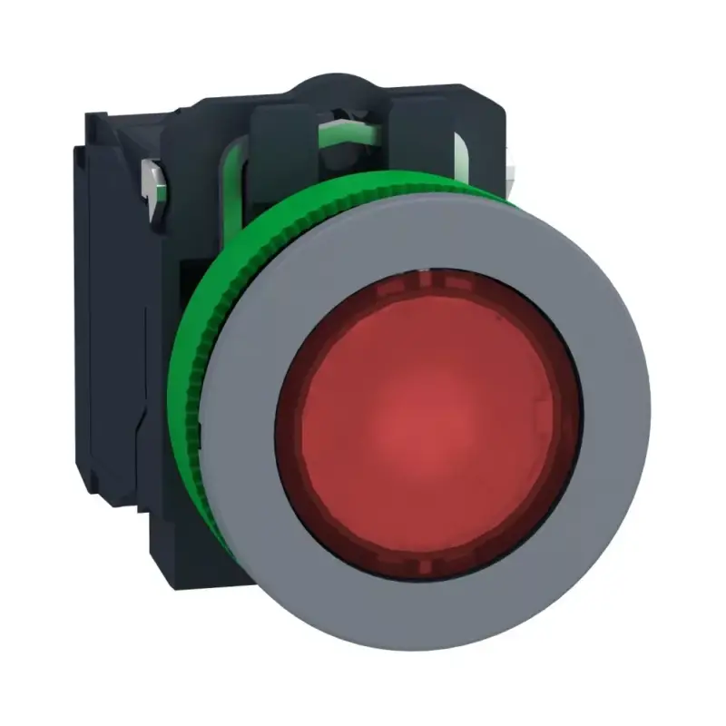 Biztonságos fizetés Schneider XB5FW34B5C0 Harmony panelbe süllyesztett komplett műanyag LED világító nyomógomb, Ø30, 1NO, 24V, piros, szürke körgyűrű