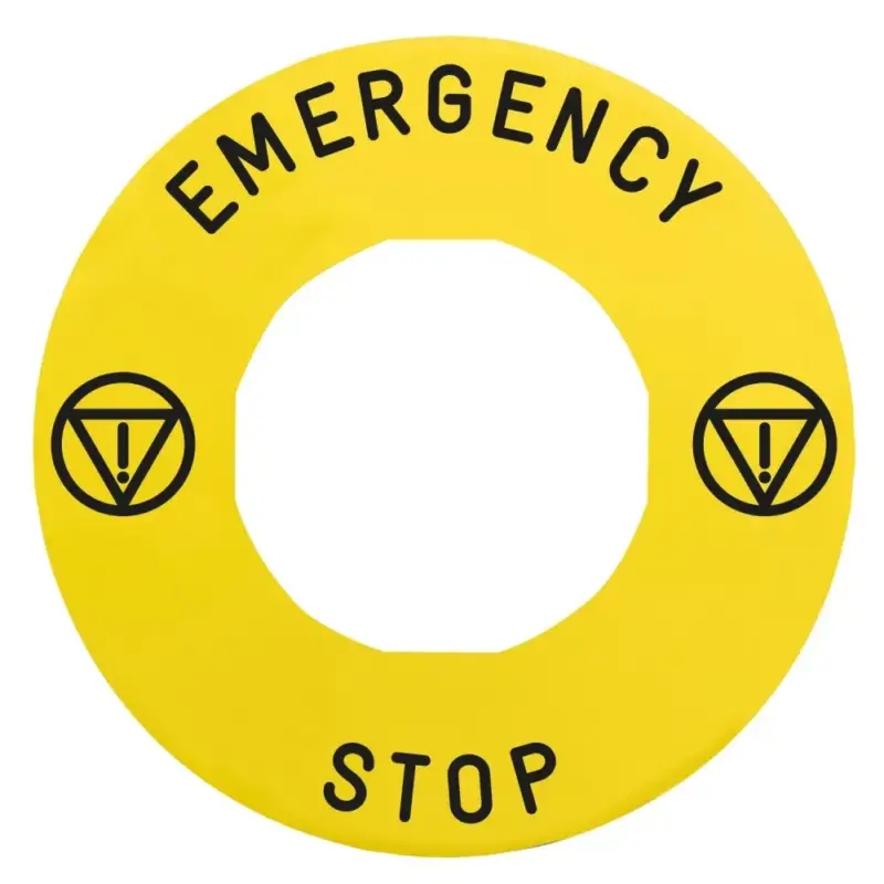 Akció Schneider ZBY9330T Harmony sárga köralakú felirati tábla, Ø60, vészleállítóhoz, ZBZ3605 védőgallérhoz, logóval, EMERGENCY STOP