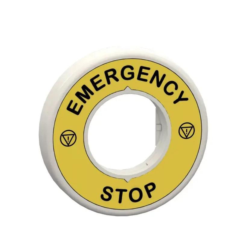 Alacsony ár Schneider ZBY9W3B330 Harmony világító felirati körgyűrű vészleállítóhoz, piros/fehér, 24VAC/DC, vészleállító logóval, "EMERGENCY STOP"
