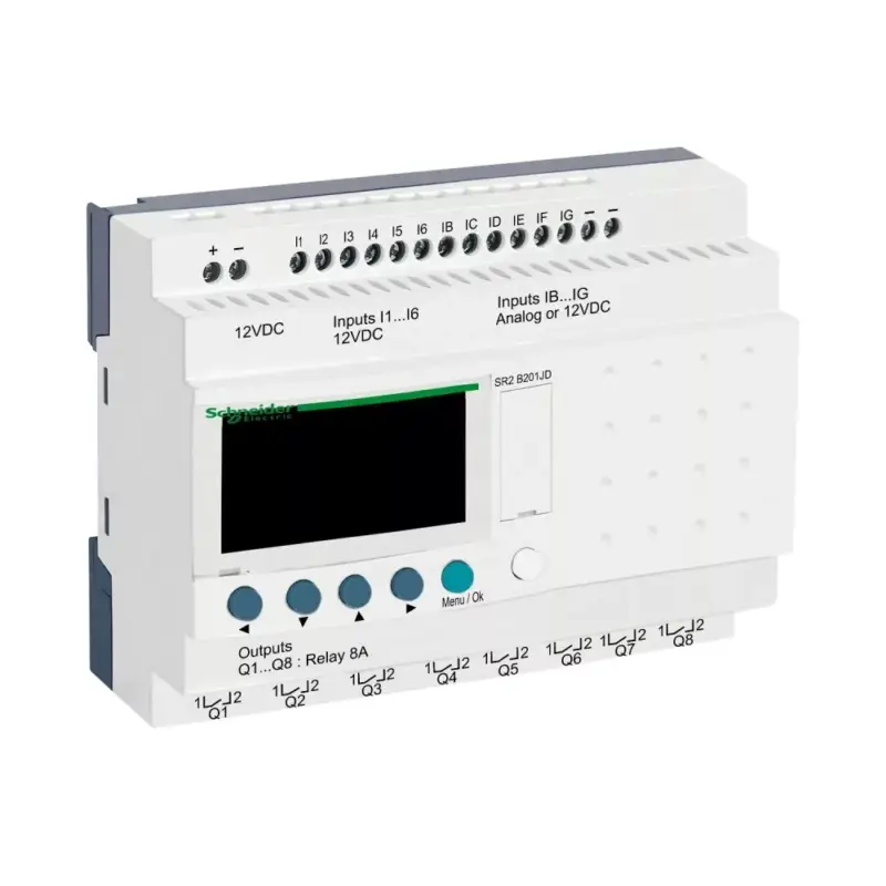 Korlátozott ajánlat Schneider SR2B201JD LCD kijelzős, 20 I/O, 8 analóg bemenet, relés, óra, 12VDC