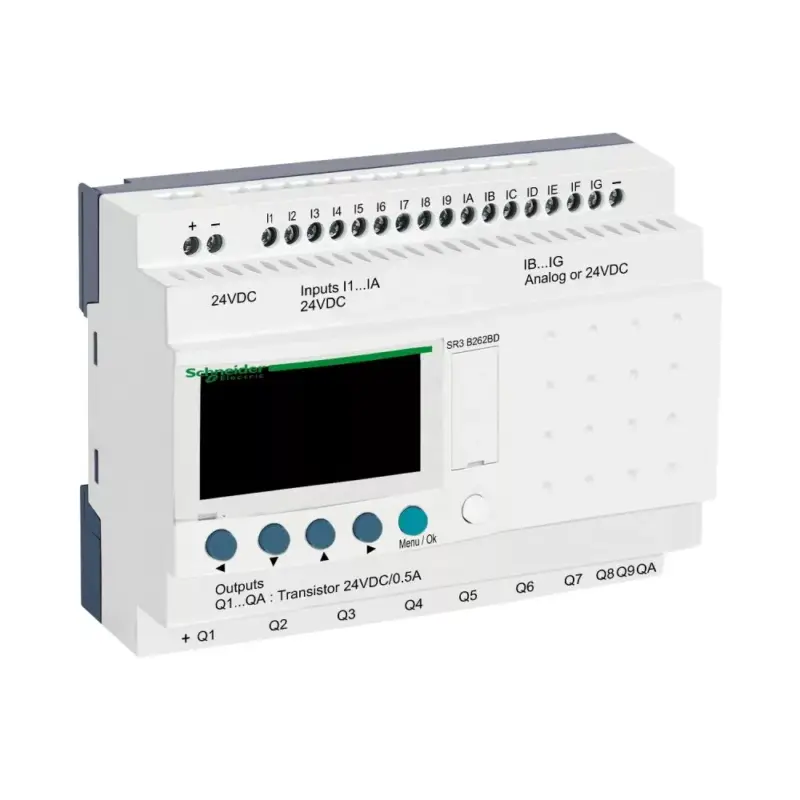 Akciós ár Schneider SR3B262BD 26 I/O, 6 analóg bemenet, tranzisztoros, óra, 24VDC