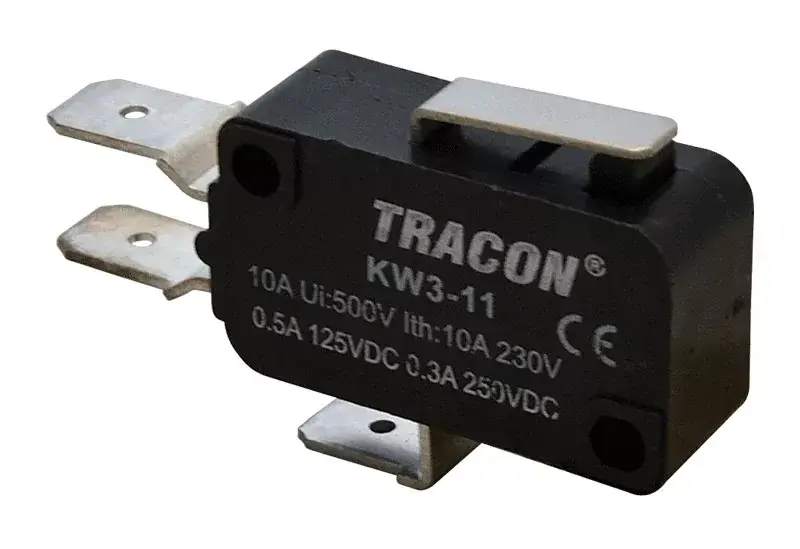 Azonnal elérhető Tracon KW3-11 Helyzetkapcsoló, mikro, rugószáras 1×CO 10(3)A/230V, 15mm, 6,3x0,8 mm, IP00