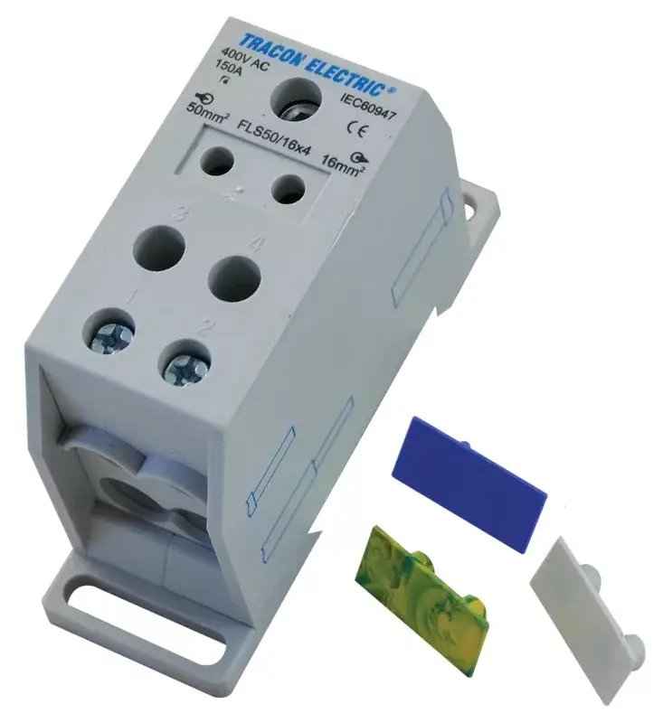 Biztonságos fizetés Tracon FLS50/16X4 Fővezetéki leágazó sorkapocs, sínre szerelhető 1×50mm2 / 4×16mm2, 400VAC, 150A, MULTICOLOR
