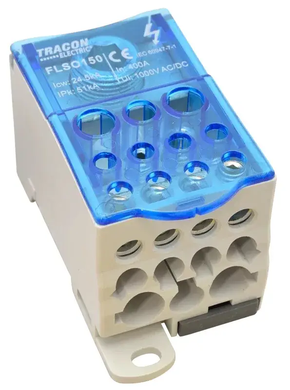 Tracon FLSO150 Fővezetéki leágazó sorkapocs nyitható fedéllel 1×150(120)mm2/5×16(10),4×25(16),2×35(25)mm2, 1000VAC/DC,400A Szuper akció