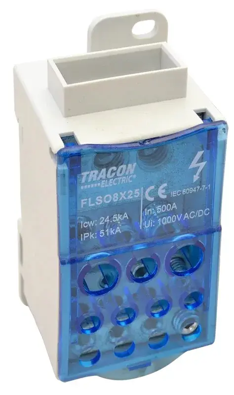 Csak ma Tracon FLSO8X25 Fővezetéki leágazó sorkapocs nyitható fedéllel (betápsín) 8×25mm2 / 5×25(16), 4×16(10), 2×35(25)mm2, 1000VAC/DC, 500A