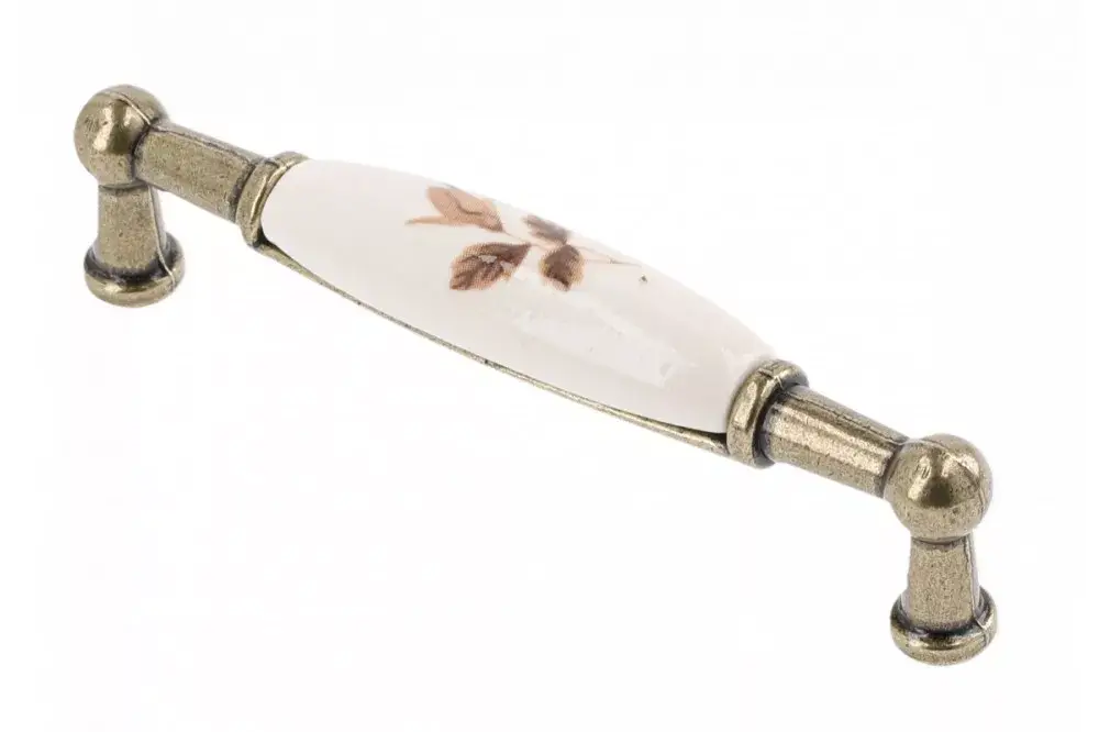 Korlátozott ajánlat Porcelán-fém bútorfogantyú, antik bronz-barna virággal, 96 mm furattávval