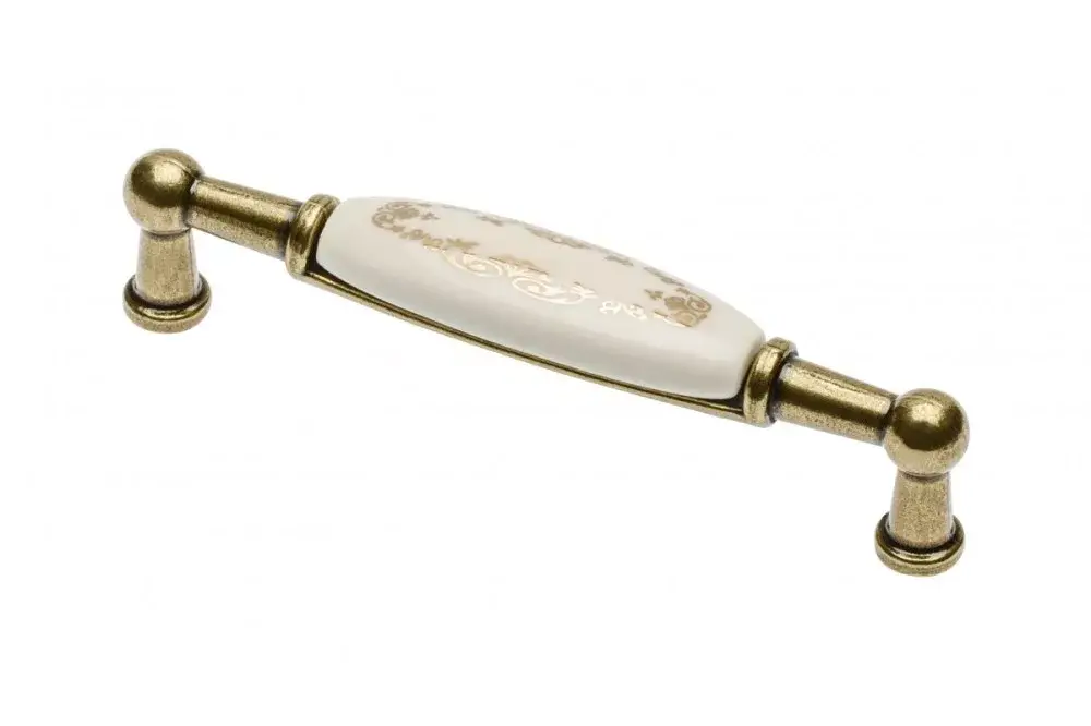 Azonnali szállítás Porcelán-fém bútorfogantyú, antik bronz- arany mintával96 mm furattávval