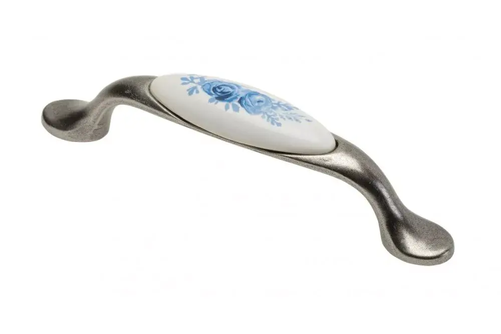 Porcelán-fém bútorfogantyú, antik ezüst - kék virág motívummal, 96 mm furattávval Legnépszerűbb