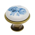 Utolsó esély Metall-Porzellan-Möbelknauf mit Bronzesockel - blaues Blumenmotiv