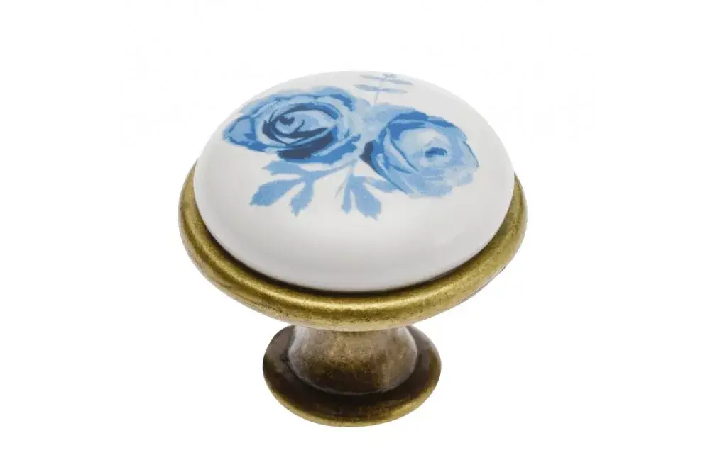Utolsó esély Metall-Porzellan-Möbelknauf mit Bronzesockel - blaues Blumenmotiv