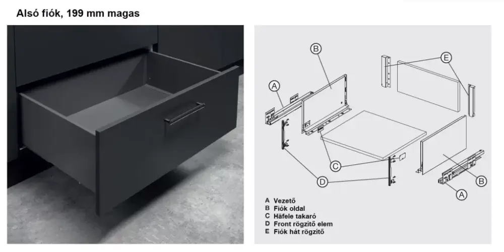 Hafele Schubladensystem mit schmalen Wänden, 199/400 mm, Farbe Matt Anthrazit Biztonságos fizetés