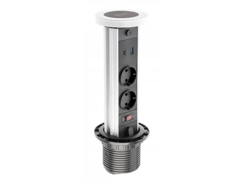 Elosztó CAMINO, kihúzható, D100mm, 2x 230V sch, USB A+C, 10W indukciós töltő, 1,5m kábellel, fehé Szuper akció