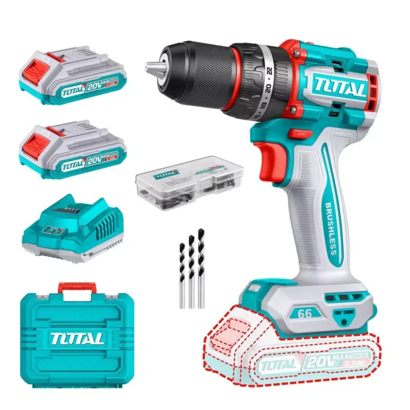 TOTAL Fúró-csavarozógép kefe nélküli - 2x2Ah 2000prn/66Nn/P20S/ koffer+töltő Outlet