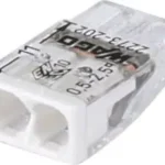 Bestseller WAGO COMPACT vezeték összekötő 2x0,5-2,5 mm2 tömör vezetékhez, átlátszó házban, fehér fedéllel 2273-202