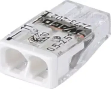 Bestseller WAGO COMPACT vezeték összekötő 2x0,5-2,5 mm2 tömör vezetékhez, átlátszó házban, fehér fedéllel 2273-202