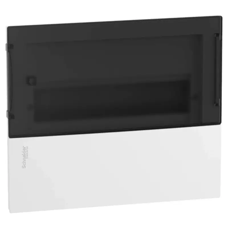 Schneider Mini PRAGMA RESI9 MP Kiselosztó, füstszínű átlátszó ajtó, süllyesztett, 1x12 modul, PEN sín, komplett, fehér MIP22112S Szezonális akció