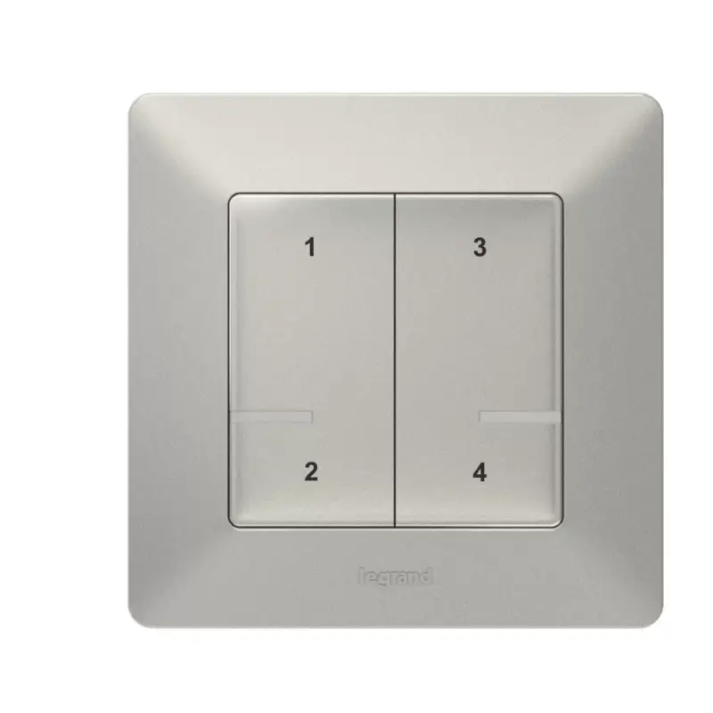 Legrand Valena Life okos forgatókönyv kapcsoló (távvezérlő) Home + Control alkalmazásban beállított 4 db egyedi forgatókönyv indítására; díszítőkerettel, elemmel és kétoldalú ragasztóval szállítva alumínium, Legrand 752368 Prémium